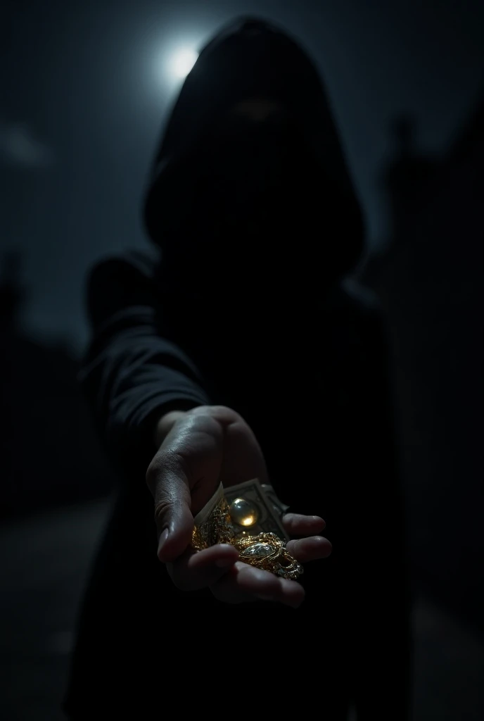 A person’s hand holding jewelry and money, stealing in the dark night.