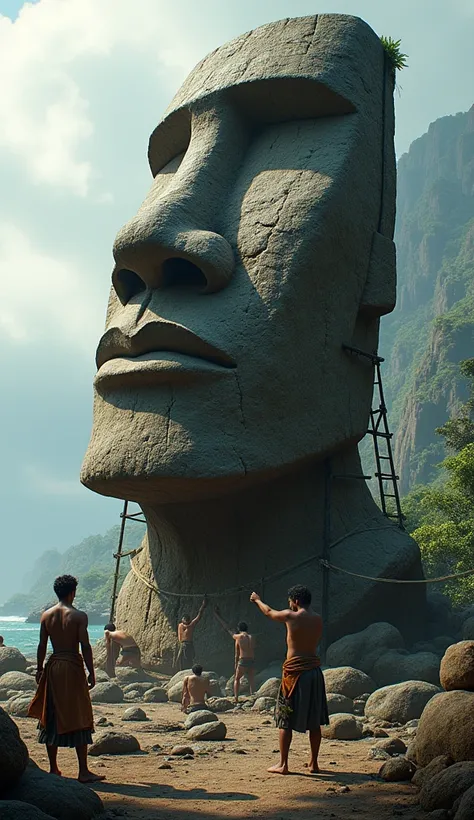 a detailed illustration of the Rapanui tribe working on the construction of a moai head, ancient stone statue, historical scene, realistic lighting, highly detailed, cinematic composition, dramatic angles, warm color palette, volumetric fog, intricate rock...