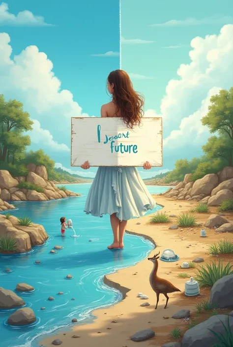  Beautiful girl with long wavy hair, bohemian dress,  holding a white board with the text " I Love Seaart Infinity "  and showing it to the spectatorSide  ( the positive future ):  Show a landscape with soft, bright colors ,  with shades of blue and green ...