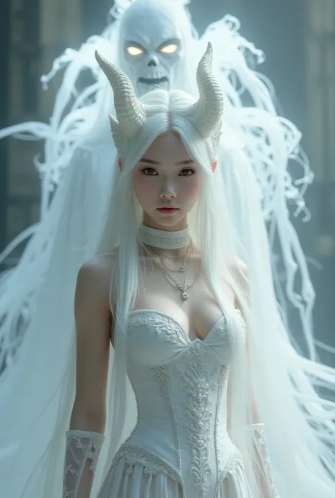 Kui is a dragon-elf hybrid woman, with white skin, long white hair, and white horns. She has brown eyes and wears an elegant white corset, exuding an ethereal and powerful aura.

Her guardian is an ethereal being of death. He has no human form, but instead...