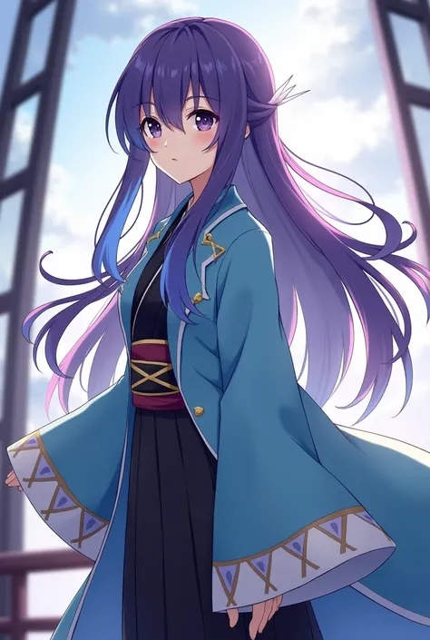  anime girl with blue hair and purple hair ，ayaka Genshin Impact
impact, ayaka game 57# impact,
keging from Genshin Impact impact，Genshin Impact、 charming anime girl 、
 purple long hair that hides the waist　
 turn a section of ones bangs blue with blue ban...