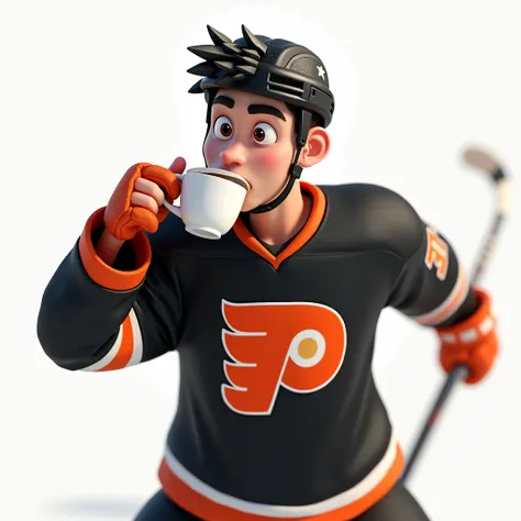 Create a hyper-realistic 3d image of a jeune joueur de hockey masculin cartoon écrire  la lettre ( P ) sur le chandail noir  pourtour orange intérieur noir, casque noir.  Des flammes à lhorizontal à gauche de la lettre. fond blanc. Il boit un café avec une...