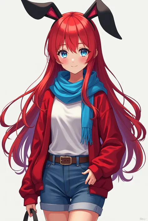  anime girl,  teenager,  long red hair,fringe,black rabbit ears , tanned skin,blue eyes,white shirt, breasts, red sweatshirt, blue scarf, belt, blue shorts, long socks, red shoes