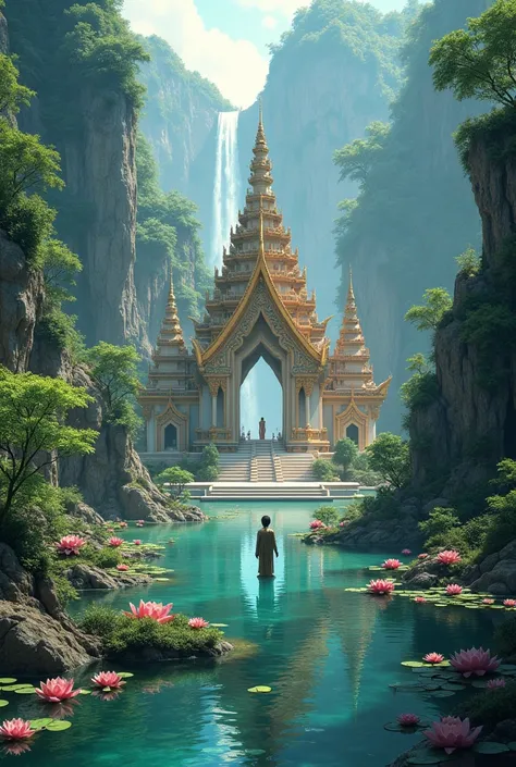 clusters of temples (masterpiece, top quality, best quality, official art, beautiful and aesthetic:1.2), extreme detailed,(fractal art:1.3),colorful,highest detailed portrait beautiful Temples in dense jungle, cliffs, waterfalls, lotus scattered on reflect...