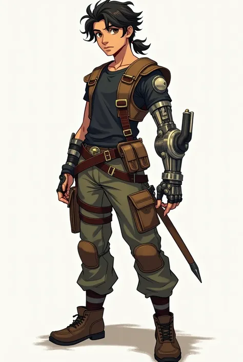 A full-body illustration of Lucas, a young human warrior with a blend of ruggedness and youthful energy. He has a strong, athletic build, fit for both strength and agility. His skin is lightly tanned, with dark, wavy hair tied back into a loose ponytail th...