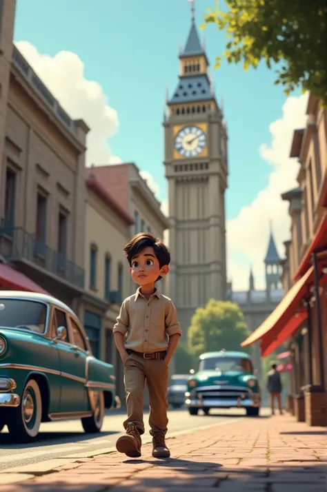 a boy walking and car and clock 