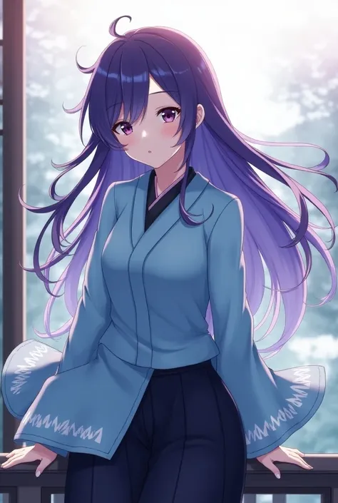  anime girl with blue hair and purple hair ，ayaka Genshin Impact
impact, ayaka game 57# impact,
keging from Genshin Impact impact，Genshin Impact、 charming anime girl 、
 purple long hair that hides the waist　
 turn a section of ones bangs blue with blue ban...