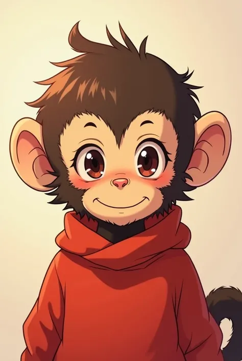 A half-monkey anime boy with a red sweater on 