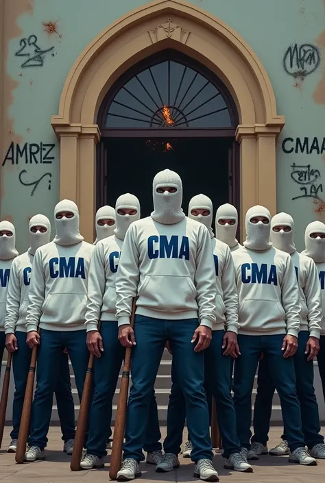  10 MEN IN WHITE SWEATSHIRTS WITH THE ACRONYMS CMA IN THE MIDDLE OF THE SWEATSHIRTS IN BLUE ,  ALL IN WHITE BALACLAVA WITH BASEBALL CLUBS IN THEIR HANDS AND IN THE BACKGROUND A CHURCH WITH THE NAME MATRIZ,  AND IN THE CHURCH THE NAME ON THE WALLS WITH PUNC...