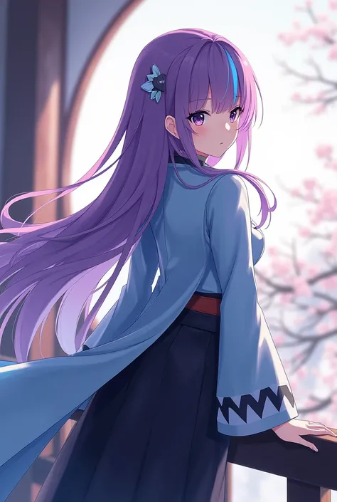  anime girl with blue hair and purple hair ，ayaka Genshin Impact
impact, ayaka game 57# impact,
keging from Genshin Impact impact，Genshin Impact、 charming anime girl 、
 purple long hair that hides the waist　
 turn a section of ones bangs blue with blue ban...