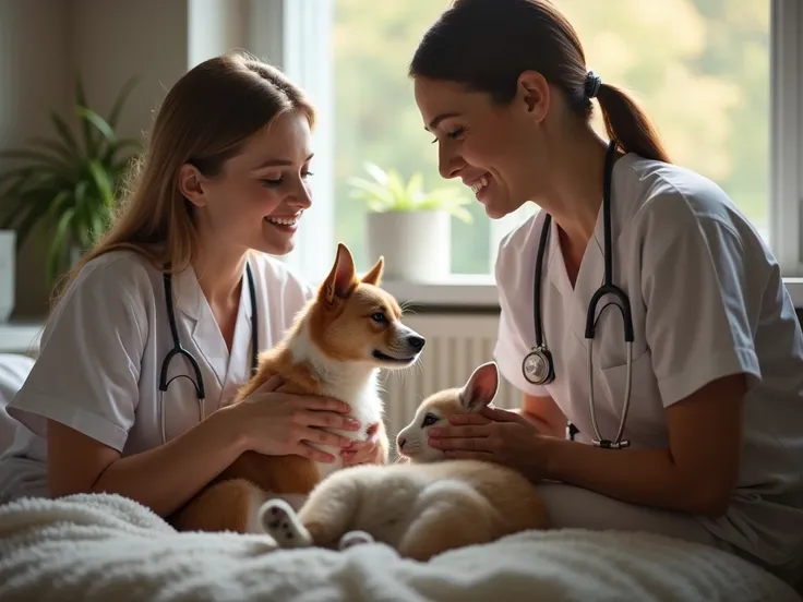 Images of professional and loving caregivers interacting with pets.