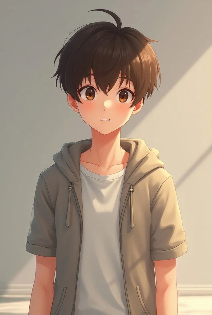 Create a 3D 4K anime character of a young man wearing a short-sleeved shirt and hoodie with straight hair and bright brown eyes