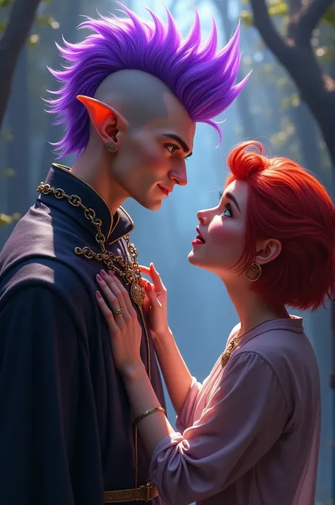  A male elf with purple hair cuts mohawk in gradient , smiling wearing a magic collar .  A red-haired woman with short little marias ,  light green eyes looking scared at the chain of the collar in her hand 