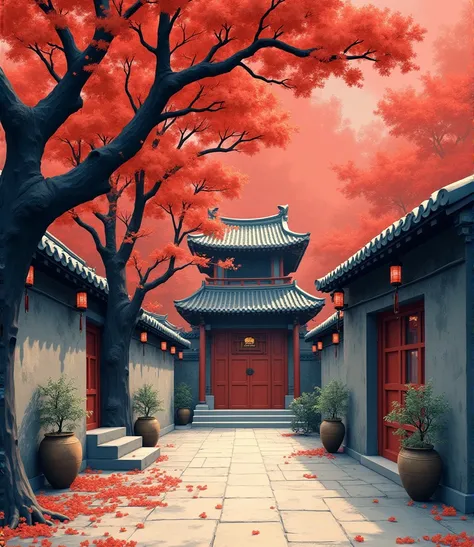 Stop motion animation style，Dark ink painting style ， There are scattered plum blossoms hanging in front of the courtyard，Close shot，Simple retro distressed 