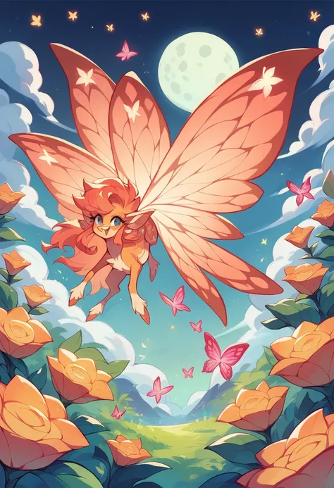  In the middle of a pink world with orange ,  Divine bright butterflies with magical fairies with wings , Vibrant flowers ,  the moon and the stars accompany it with a lot of nature, and from the other half of the world a landscape 