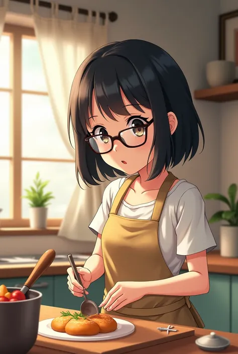 Anime girl with short black hair and glasses who is cooking 