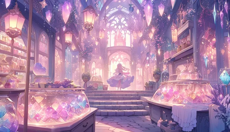 "An enchanting anime-style illustration of window shopping in a magical world with a dreamy, pastel color scheme. The scene shows a whimsical street lined with charming, fantasy-style shops displaying magical items like sparkling potions, crystal wands, an...