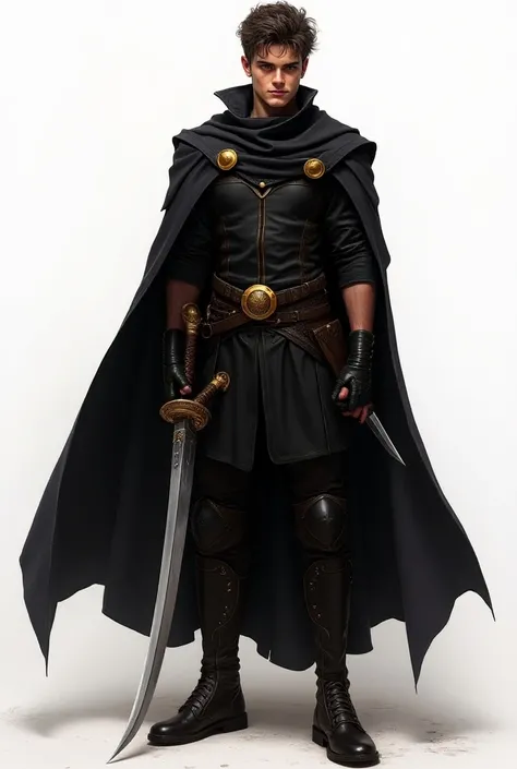 A young rogue, tanned, good looking, amber eyes, athletic, 1.80 meters tall, dressed in dark clothes and a black cape. He is holding a saber with his right hand and a dagger with his left hand. He has a confident smile on his face.