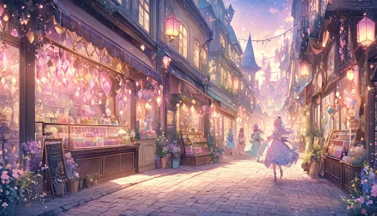 "An enchanting anime-style illustration of window shopping in a magical world with a dreamy, pastel color scheme. The scene shows a whimsical street lined with charming, fantasy-style shops displaying magical items like sparkling potions, crystal wands, an...