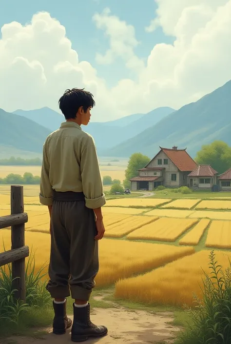 Create a 17-year-old boy from ancient China dressed not as elegantly or as a drifter looking at a farm from the side 