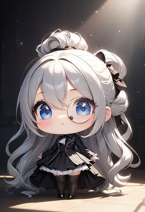 chibi, big head, full body, cool beauty teacher, white shiny silky disheveled half updo, make up, amorous and lewd expression, captivating eyes, silver round shaped monocle, cortesy, elegance, dignity, various effects, delicate and dynamic textures, contra...