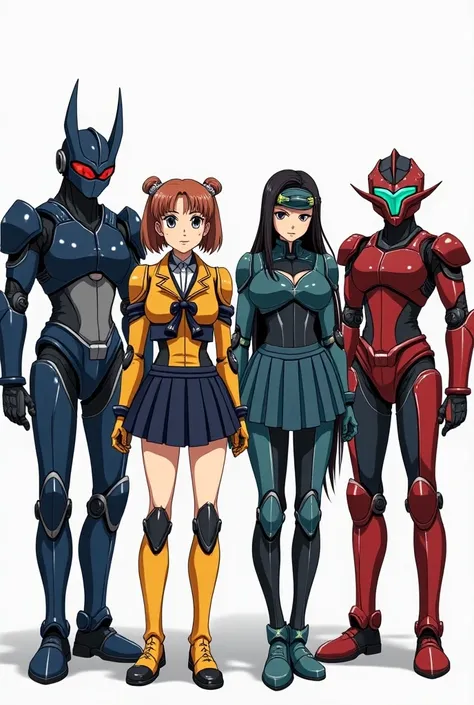  a group of four cartoon characters standing side by side, diverse Cybernetic suits mezcla uniforme escolar japones tipo sailor moon, Robots de anime, Anime style Gainax, Guyver Style, Robotech Style,  sailor moon style, Cybernetic Fighting Armor, mechanic...