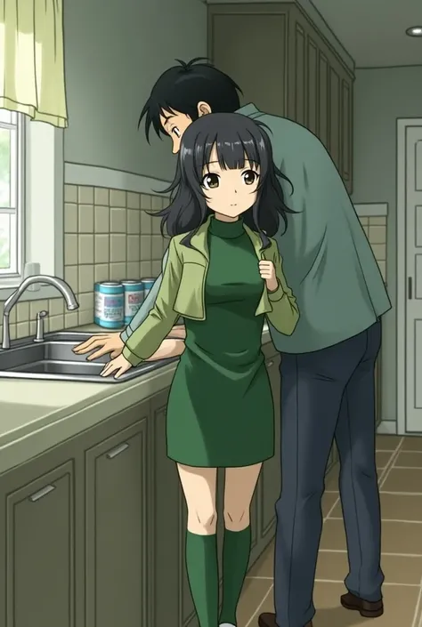 {{{mouri ran}}},{{{Detective Conan}}},{{{long hair}}},{{{official style}}},{{{adult}}},green dress,one-piece dress,turtleneck,green miniskirt, {light green cropped jacket},{light green cropped jacket},green socks,,sink,laundry,kitchen,bringing upper body t...