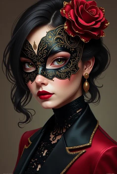  Husk de Hazbin Hotel , traje elegante,  gold and crimson details .  Elegant and intricate black mask . It has three quarters ,  mask only covers part of the face