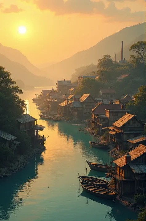 The fishing village seen from across the river has no hills