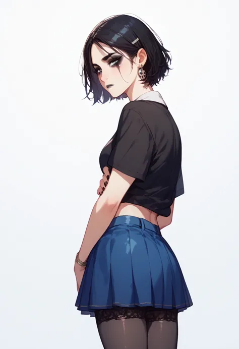 a girl with short hair is black  (( using aa camiseta preta com desenho da caveira)) , using a, (( short skirt )) ,   with black...