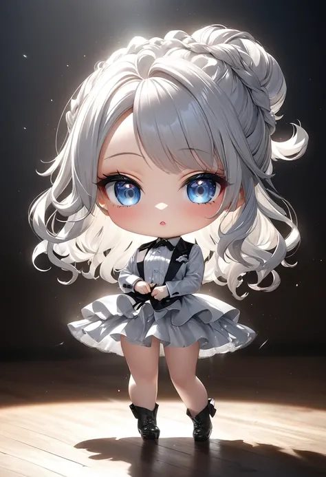 chibi, big head, full body, cool beauty teacher, white shiny silky disheveled half updo, make up, amorous and lewd expression, captivating eyes, silver round shaped monocle, cortesy, elegance, dignity, various effects, delicate and dynamic textures, contra...