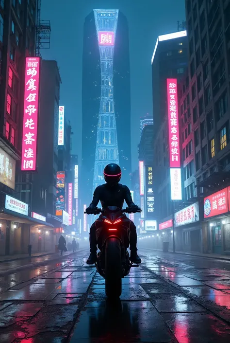 a motorcycle rider on a cyber punk city street at night...