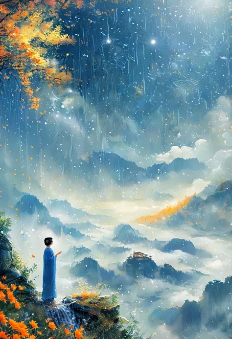 Cai GuoRUNs illustration style, 1girl，A woman in a long skirt stands on a cliff and looks up at the starry sky，Goddess of space，Milky Way Goddess，Goddess of Heaven，Astral Ethereal，dream，Beautiful celestial wizard，Beautiful fantasy painting，Beautiful fantas...