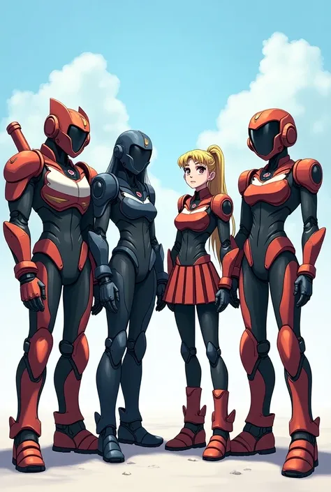  n group of four cartoon characters standing side by side, diverse Cybernetic suits mezcla uniforme escolar japones tipo sailor moon, Robots de anime, Anime style Gainax, Guyver Style, Robotech Style,  sailor moon style, Cybernetic Fighting Armor, mechanic...