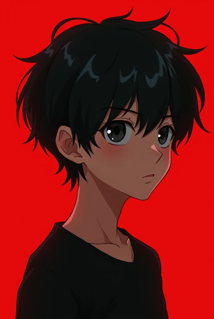  a boy with black hair, red background with a serious anime-style look/manga but with a touch of digital paint and softened colors