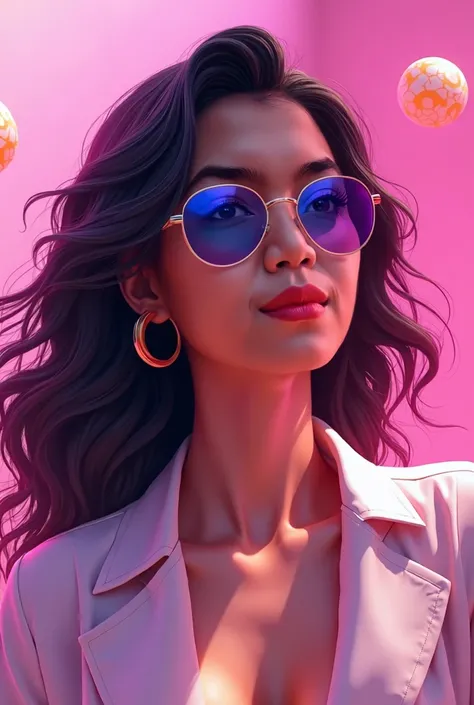 Mature Malay woman wearing sunglasses and pink background with a ball, futuristic art style, digital airbrushing art, in digital illustration style, 8ths airbrushed aesthetic, glossy digital painting, girl with wavy glow, realistic digital art 4k, realisti...