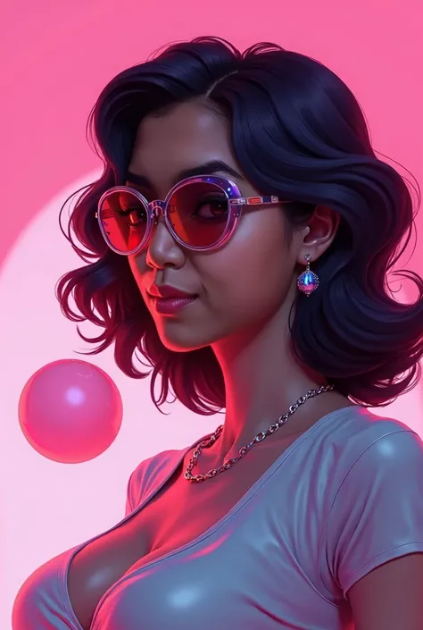 Mature Malay woman wearing sunglasses and pink background with a ball, futuristic art style, digital airbrushing art, in digital illustration style, 8ths airbrushed aesthetic, glossy digital painting, girl with wavy glow, realistic digital art 4k, realisti...