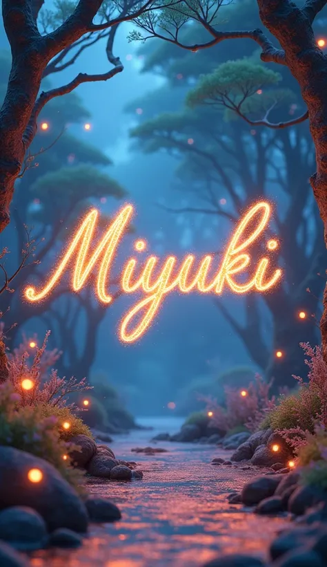 Write the letters MIYUKI in glittering cursive and write the background in a fantastic way