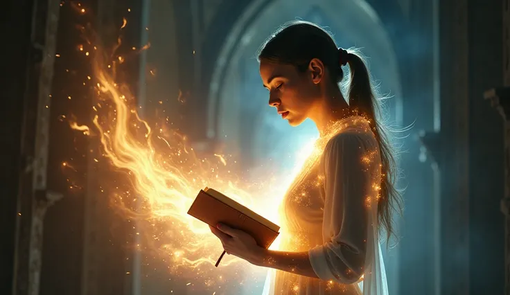 The young woman, still holding the Bible, speaks the words of Ephesians 6:11, and an armor of light begins to form around her, shining brightly.