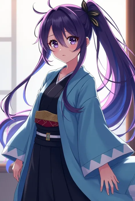  anime girl with blue hair and purple hair ，Ayaka Genshin
Impact , Ayaka game 57
charming anime girl、
 purple long hair that hides the waist　
 turn a section of ones bangs blue with blue bangs blue with blue highlights on the bangs　Part of the bangs is blu...