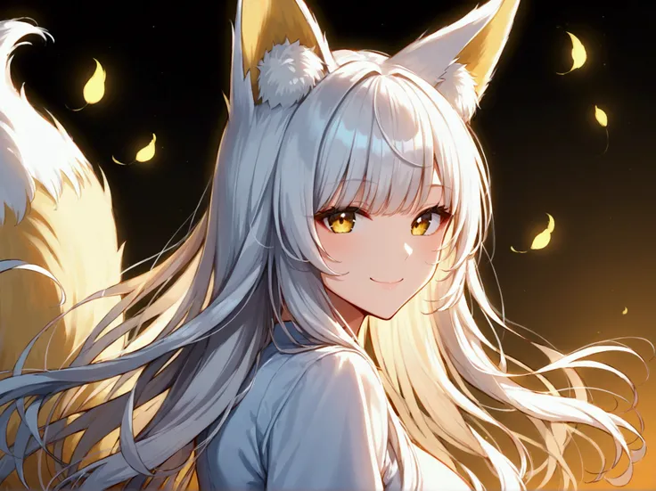 Anime fox woman, full body shot, yellow eyes, white hair, Long Hair, Smile, Bangs, High Resolution, Detail, Breasts, Fox Ears,