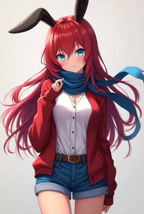  anime girl, Maleficent and seductive smile,  teenager,  long red hair,fringe,black rabbit ears ,  light black skin  ,blue eyes,white shirt, breasts, red sweatshirt, blue scarf, belt, blue shorts, long socks, red shoes