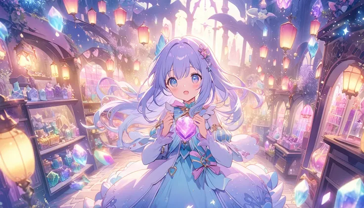 An enchanting anime-style illustration of a magical girl window shopping in a dreamy, pastel-colored fantasy world. The girl, dressed in a cute, whimsical outfit with sparkles and magical accessories, gazes excitedly at displays filled with enchanted items...