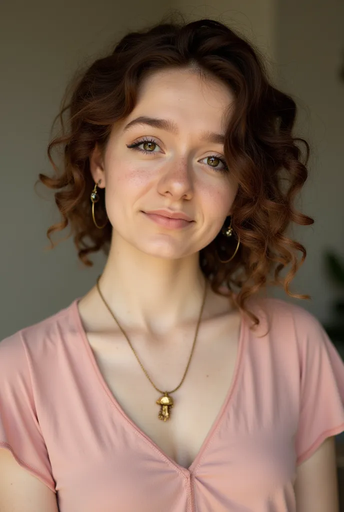 the image is a photograph of a young woman with curly, light brown hair styled in loose waves. she has a light complexion with a...