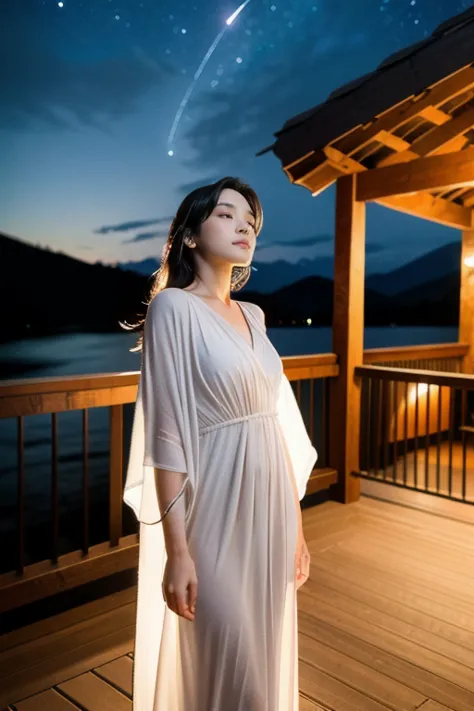 capture a stunning night portrait of a woman at a cozy mountain lodge under a breathtaking starry sky with a bright comet and me...