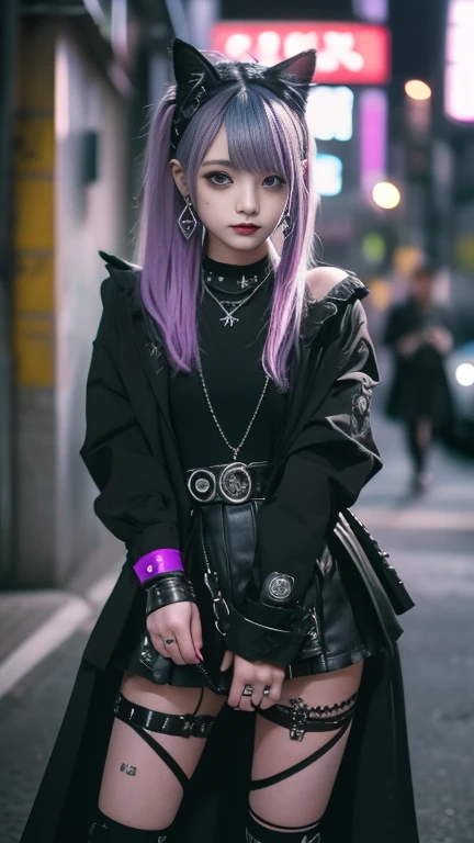 Best Quality, Hi-Res、 Hi-Res、( masterpiece), silver hair、Purple mesh hair、ゴシックpunkの衣装、 look up ,  upper body,Hair bundle, white skin,( realism:1.5、Realistic、 photorealistic、 RAW Photos)、black、nice、 wonderful、beautiful、 earrings for a woman alone、amount、Got...