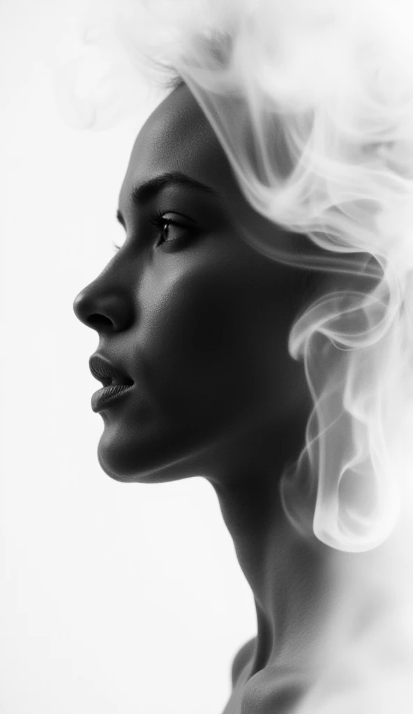 Black, white, and gray, low contrast, minimalism, simple, plain background, human face profile formed by smoke, artistic design, abstract, ethereal, blurred, artistic, whitespace, design-oriented, aesthetic