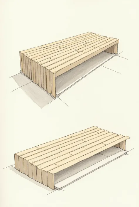  Drawing of architectural slats in perspective, from the front and from above 