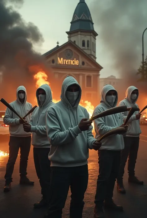 5 MEN IN WHITE SWEATSHIRTS,  ALL IN WHITE BALACLAVA WITH BASEBALL CLUBS IN THEIR HANDS AND IN THE BACKGROUND A CHURCH WITH THE NAME MATRIZ, AND CARS ON FIRE 