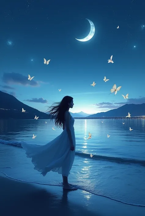 A photo of a girl with long hair standing on the edge of the sea at night. The sky is clear, with a sprinkling of stars and a crescent moon. There are butterflies flying around her. The background reveals a beautiful landscape of mountains and a bridge. Th...